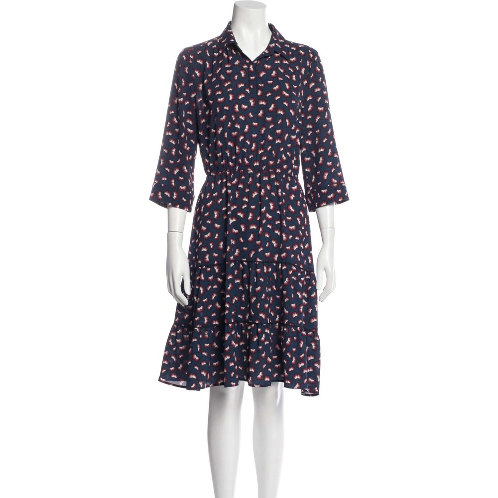 Gerard Darel Dress Tiered Midi Sz 42 Blue Red Parisian Chic V-Neck Whimsigoth